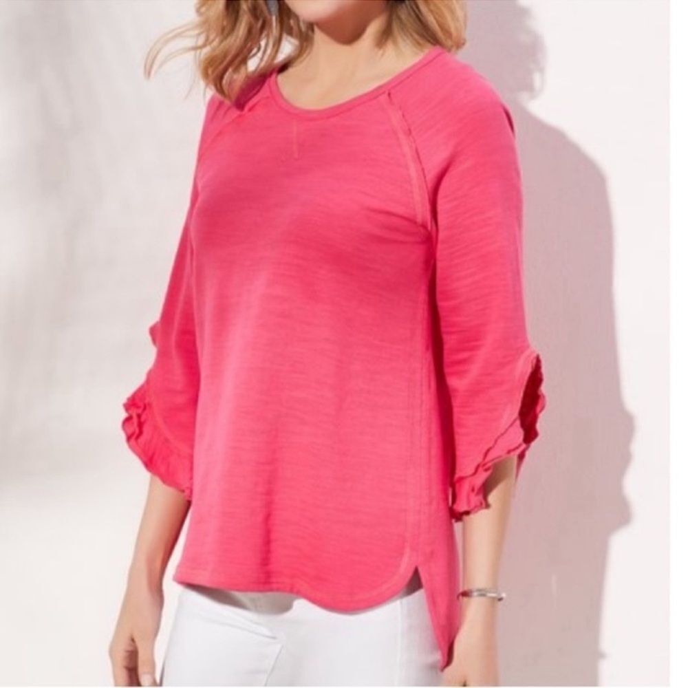 Soft Surroundings M Pink Crewneck Avery High Low 3/4 Ruffle Sleeve Tunic